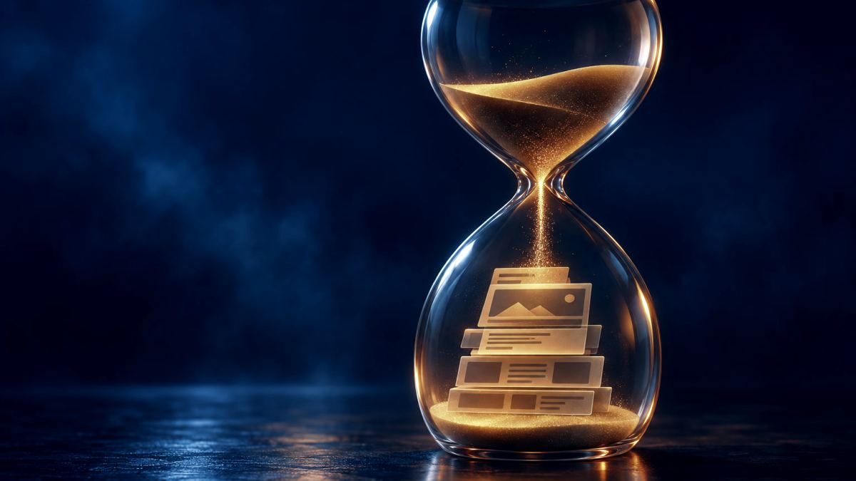 An illustration of a glass hourglass whose falling sand builds stacked web page panels in the lower bulb.