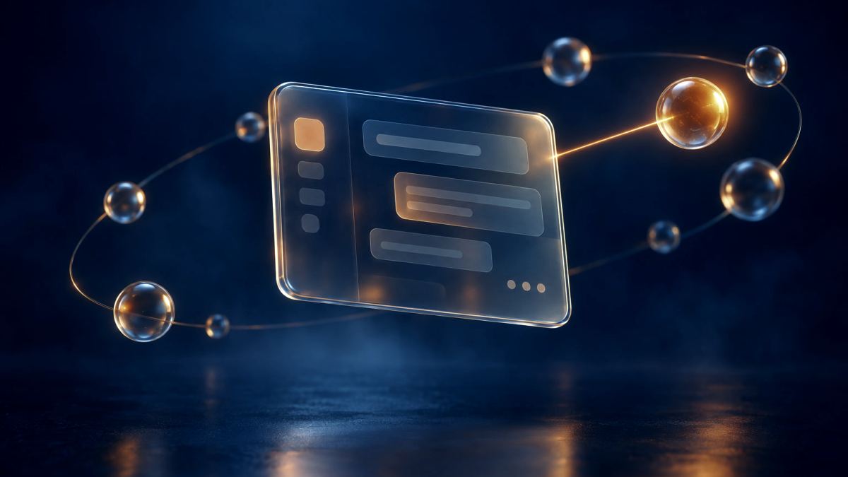 An illustration of a glass chat window with orbiting nodes, one glowing orange and linked to it by a beam.
