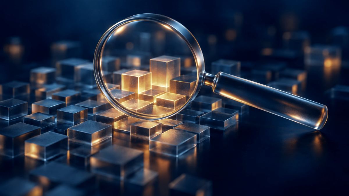 An illustration of a magnifying glass over a field of glass tiles, the ones under the lens glowing orange.