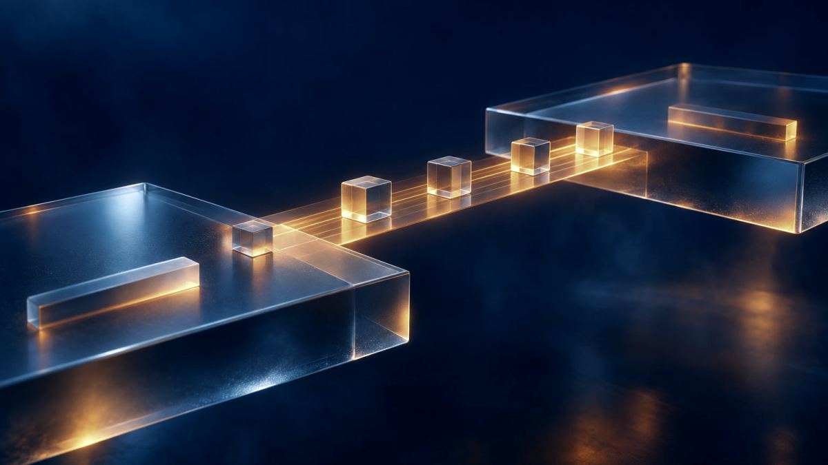 An illustration of two glass platforms joined by a bridge of orange light with blocks crossing it.