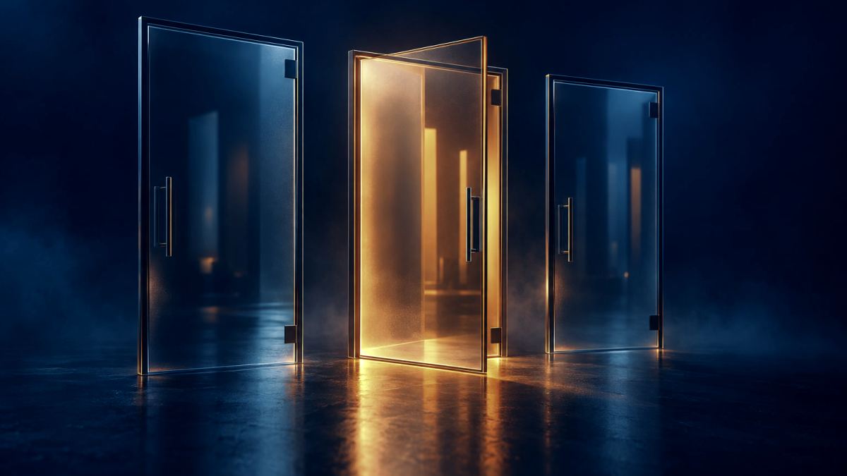 An illustration of three glass doorways side by side, the middle one glowing orange.