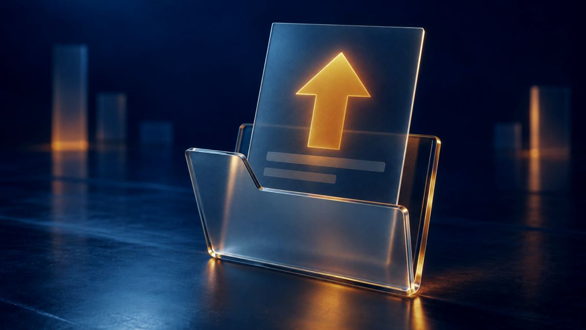 An illustration of an open glass folder with one sheet standing up, showing a glowing upward arrow.