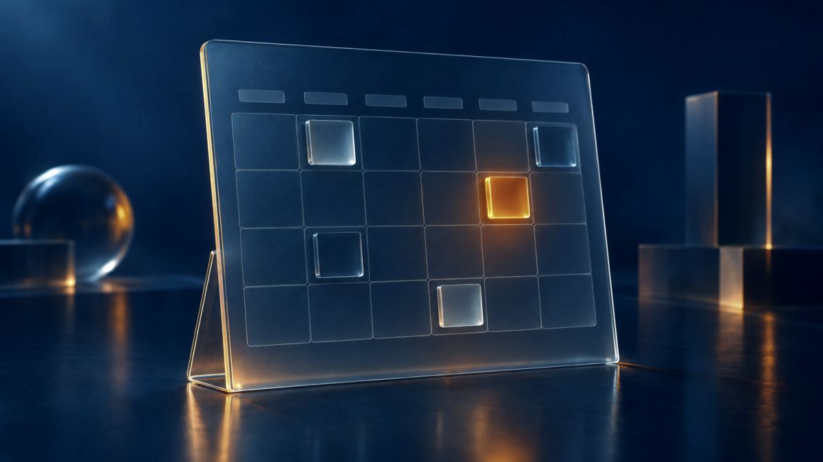 An illustration of an upright glass calendar with tiles on some days, one glowing orange.