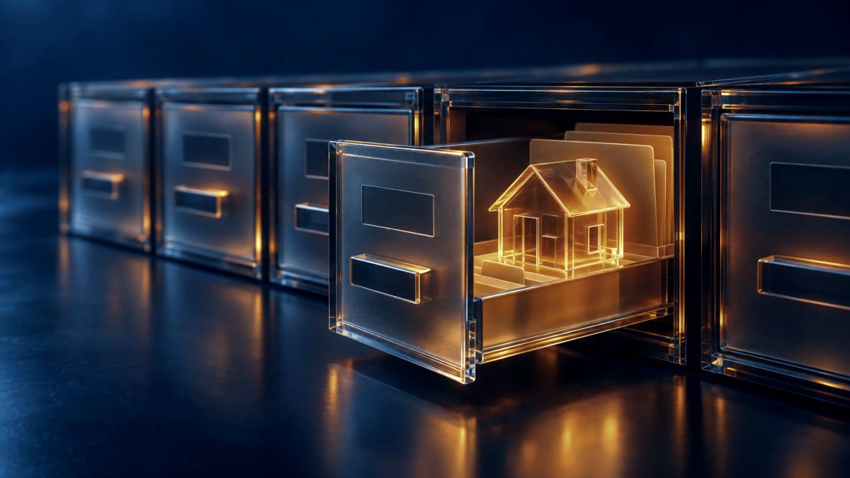 An illustration of a row of glass archive drawers, one open with a glowing copy of a small house model.