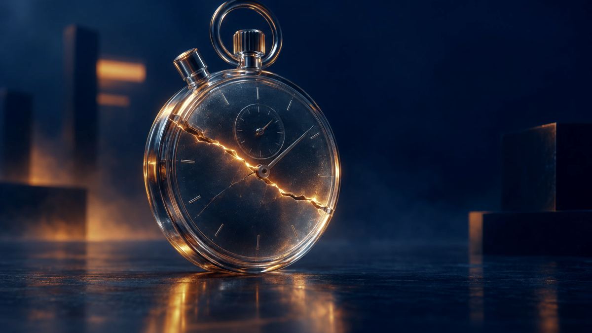 An illustration of a glass stopwatch with a crack across its face and orange light leaking out.