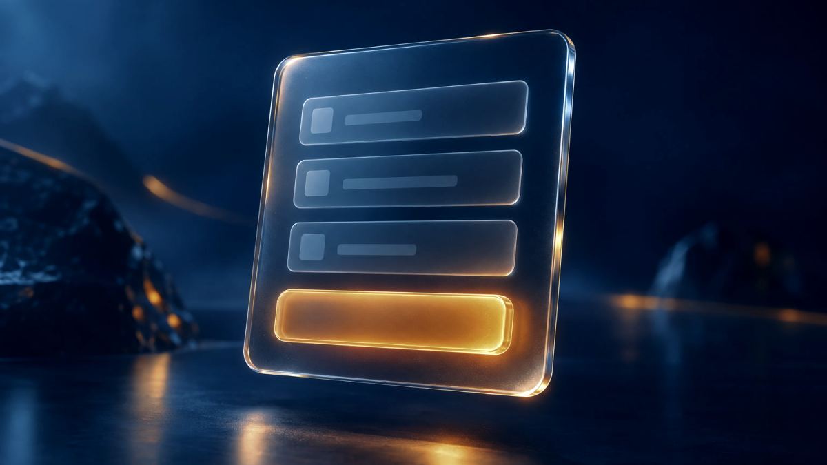 An illustration of a short floating glass form with three fields and a glowing orange button.