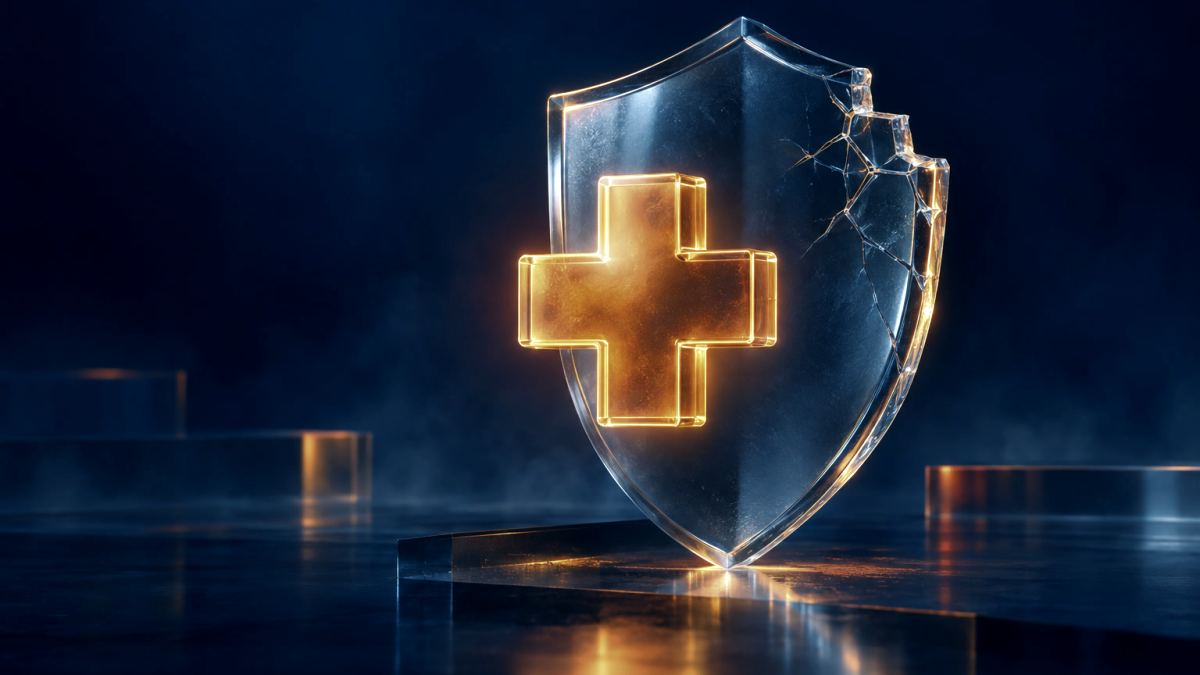 An illustration of a cracked glass shield with a glowing orange first-aid cross in front of it.