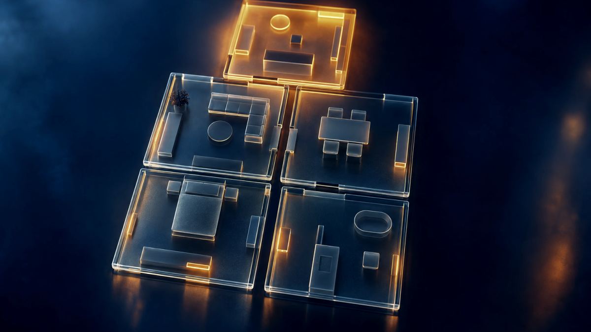 An illustration of five glass page tiles laid out like a floor plan, the top one glowing orange.