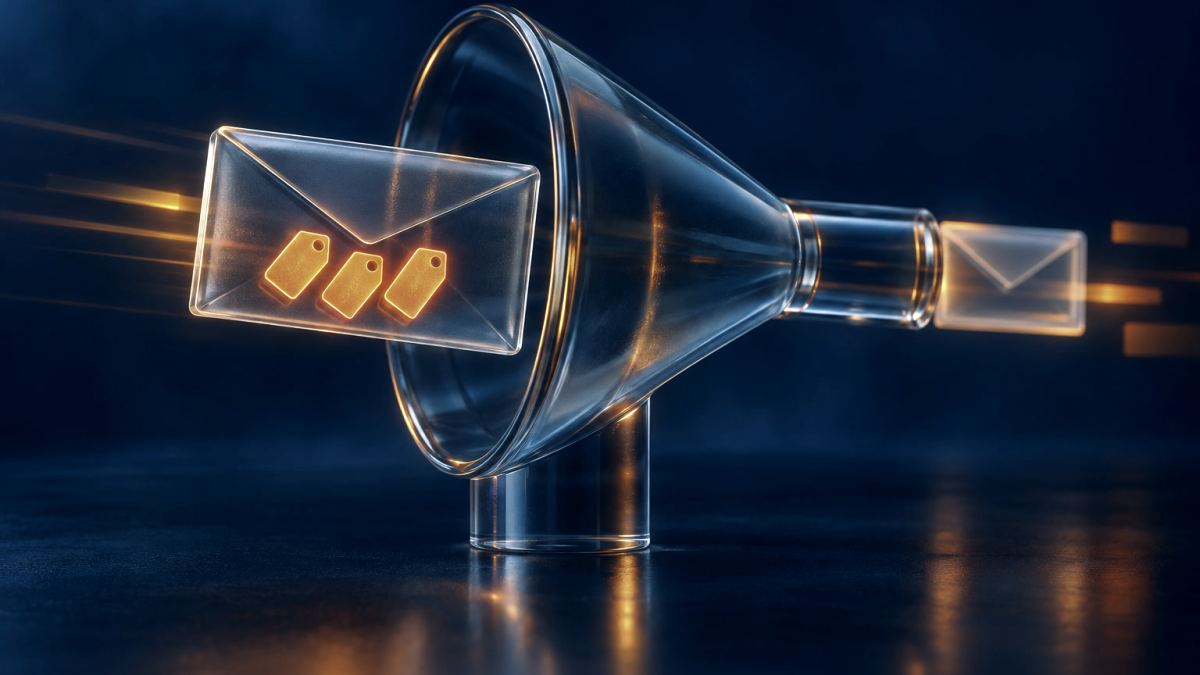 An illustration of a glass envelope passing through a funnel, carrying three small glowing tags.