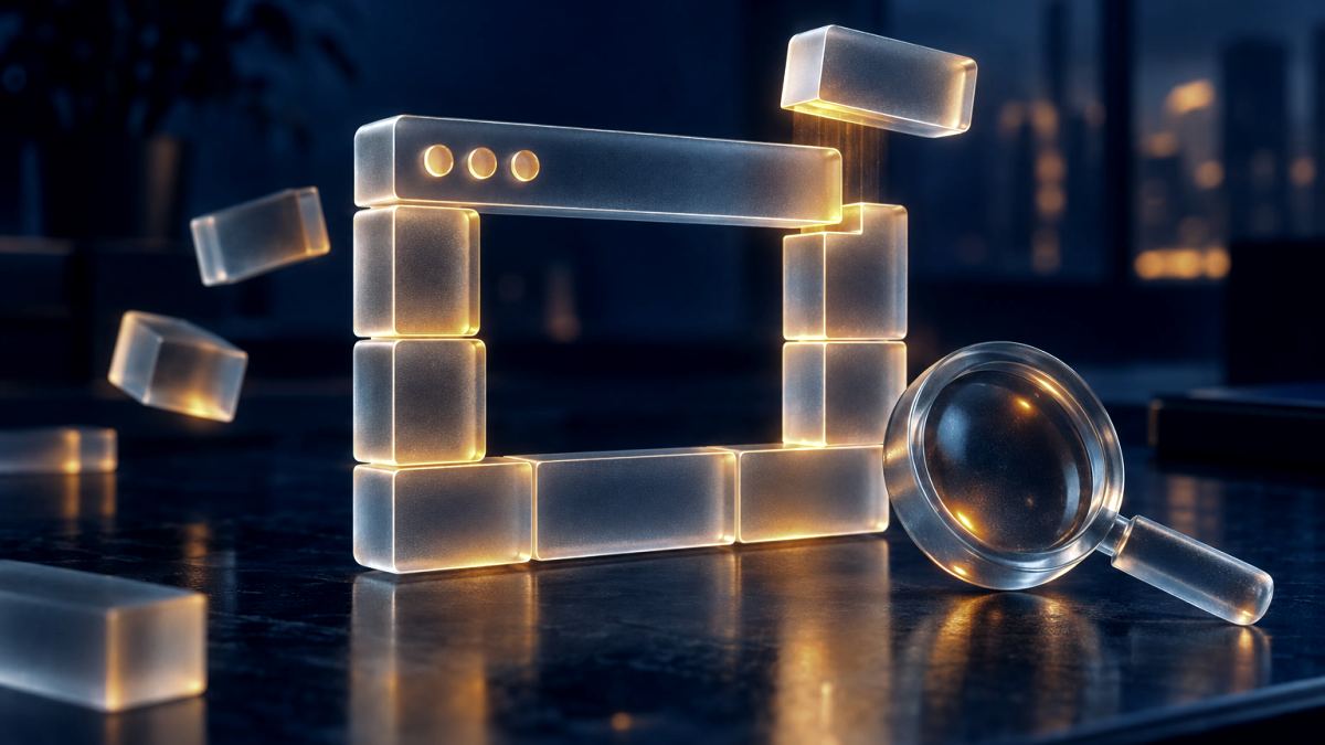 An illustration of frosted glass blocks, lit orange from inside, assembling themselves into a browser window, with a glass magnifying loupe beside it checking the work.