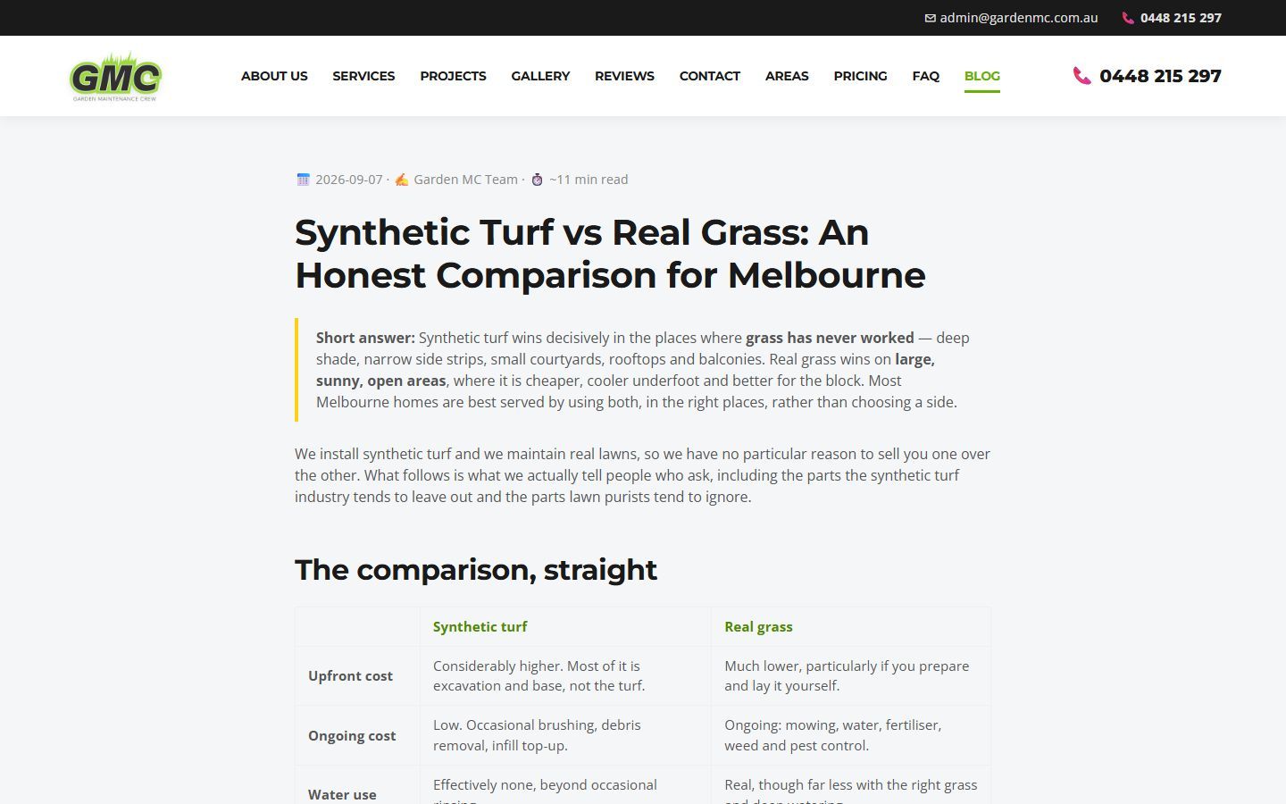 Garden MC: One of the new guides — an honest synthetic turf versus real grass comparison, including where real grass wins.