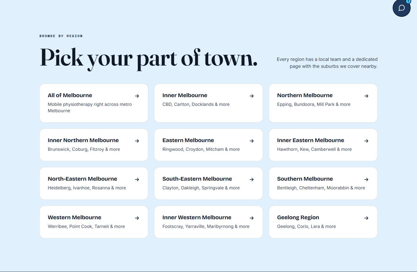 Khy Physio: The service-area directory, which leads into the practice’s local pages.
