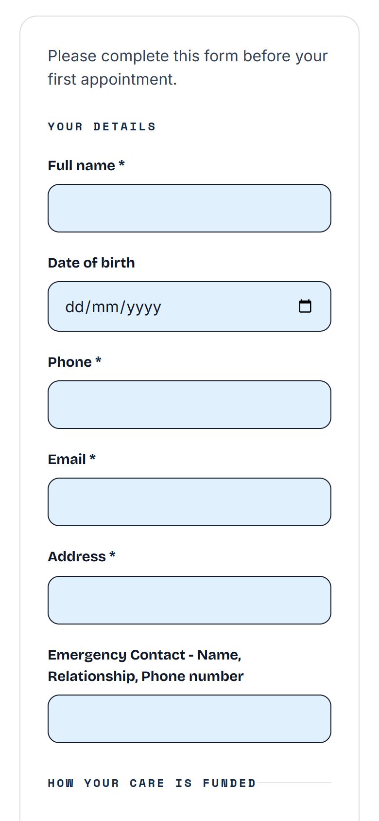 Khy Physio: The same form on a phone.