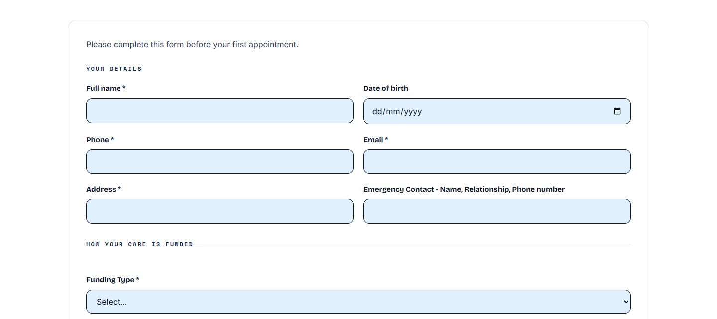 Khy Physio: The new referral form, built into the page.