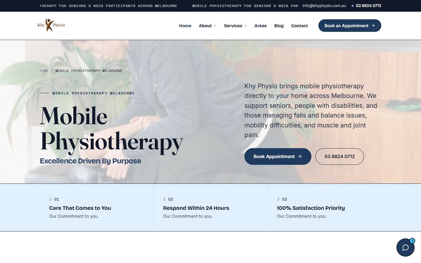Khy Physio homepage on a desktop screen, captured 15 September 2026